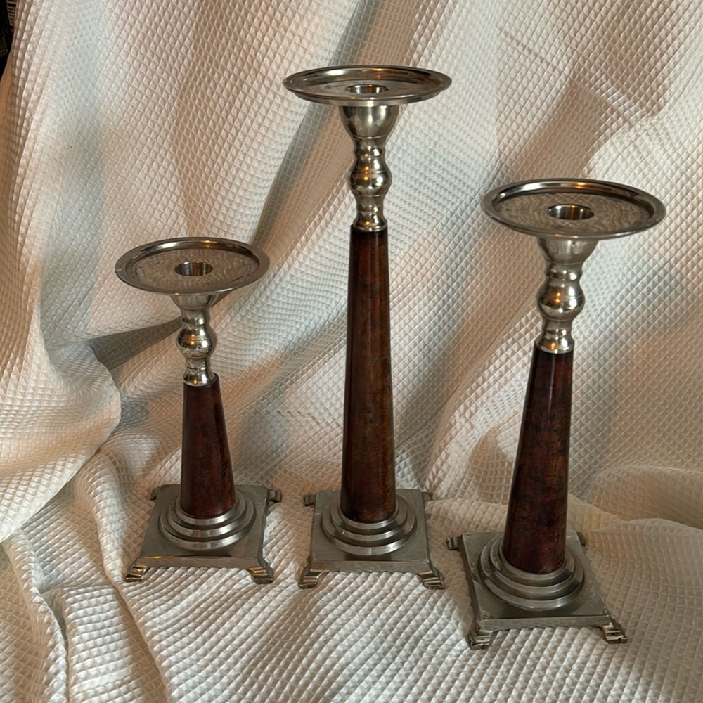 Vtg MCM Set of 3 Lacquered Brass Silver Candlestick Holders